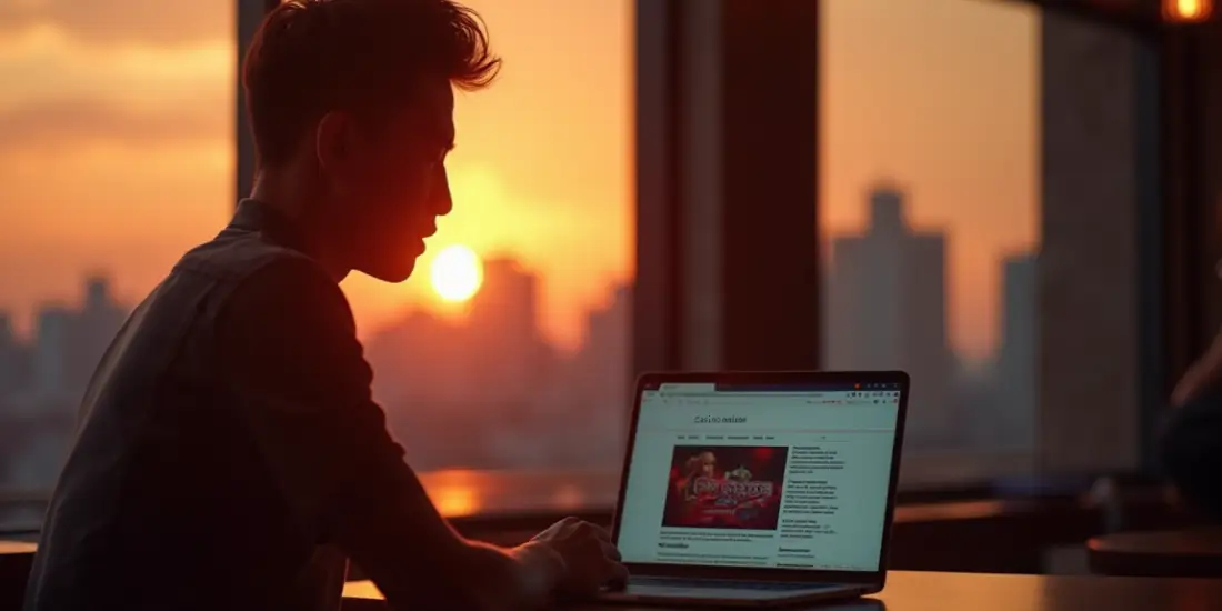 man reading casino news at sunset